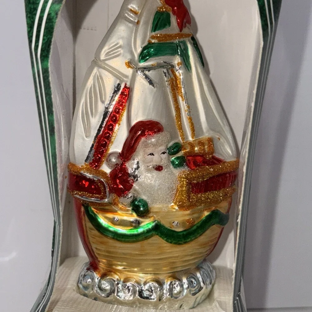 Vintage Santa's Best Blown Glass Christmas Ornament Nautical Santa boat 6.5